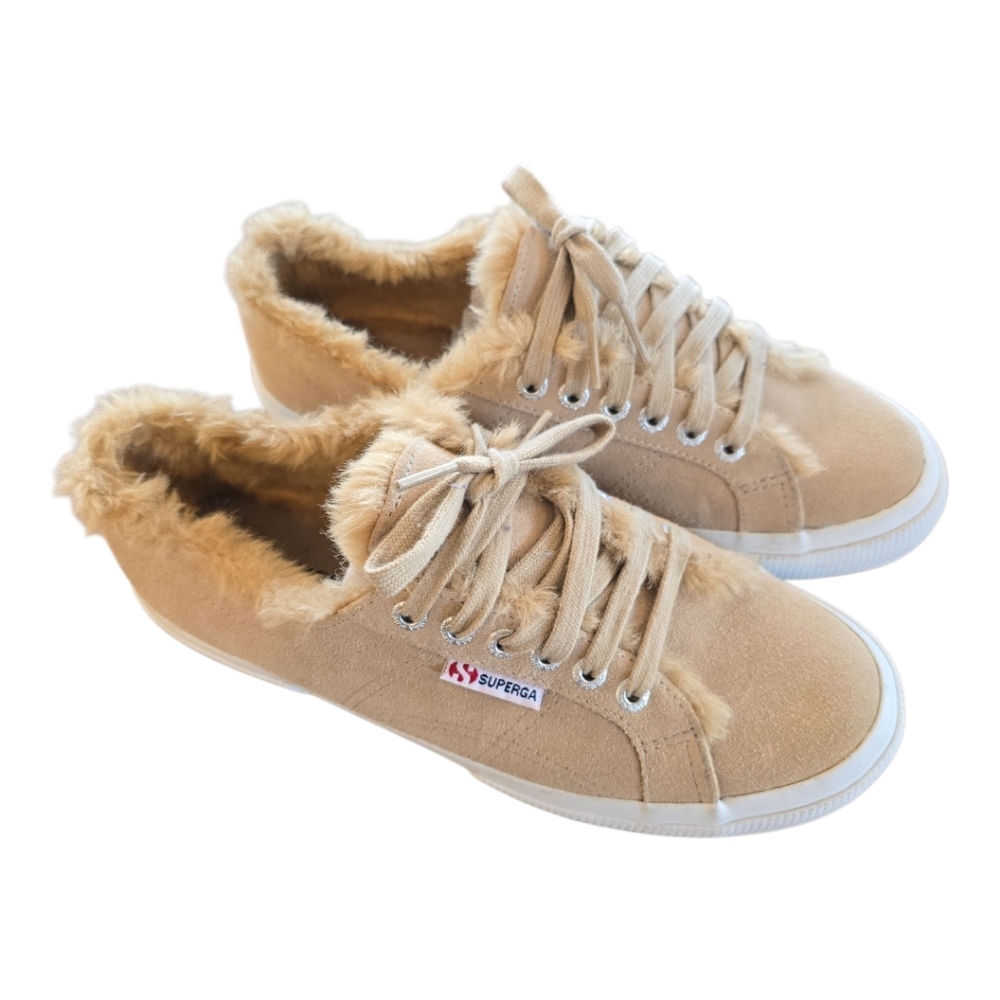 Superga NWOT Sue Faux Fur Lined Lace Up Sneaker Size 39 Tan Sherpa US Size 8.5